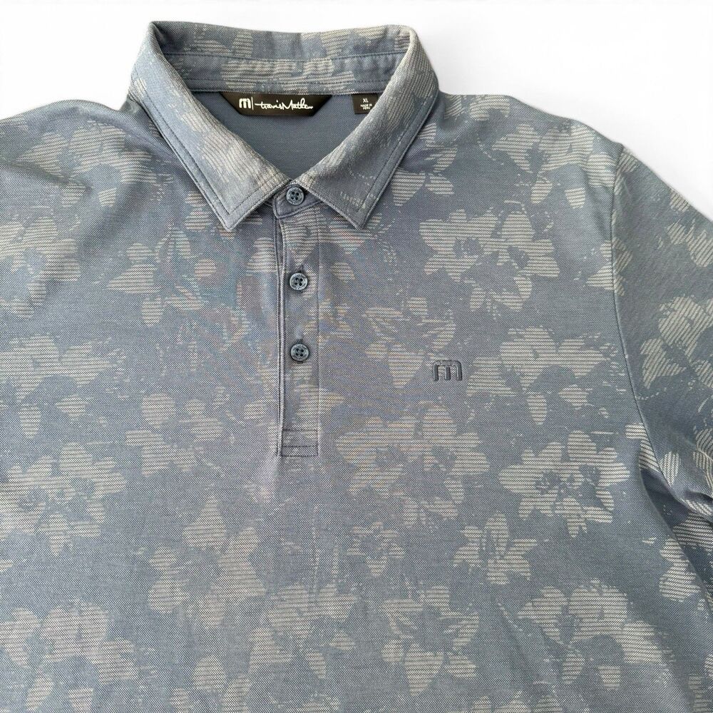 Travis Mathew Golf Polo Men XL Blue Gray Floral Performance Stretch Pima Cotton
